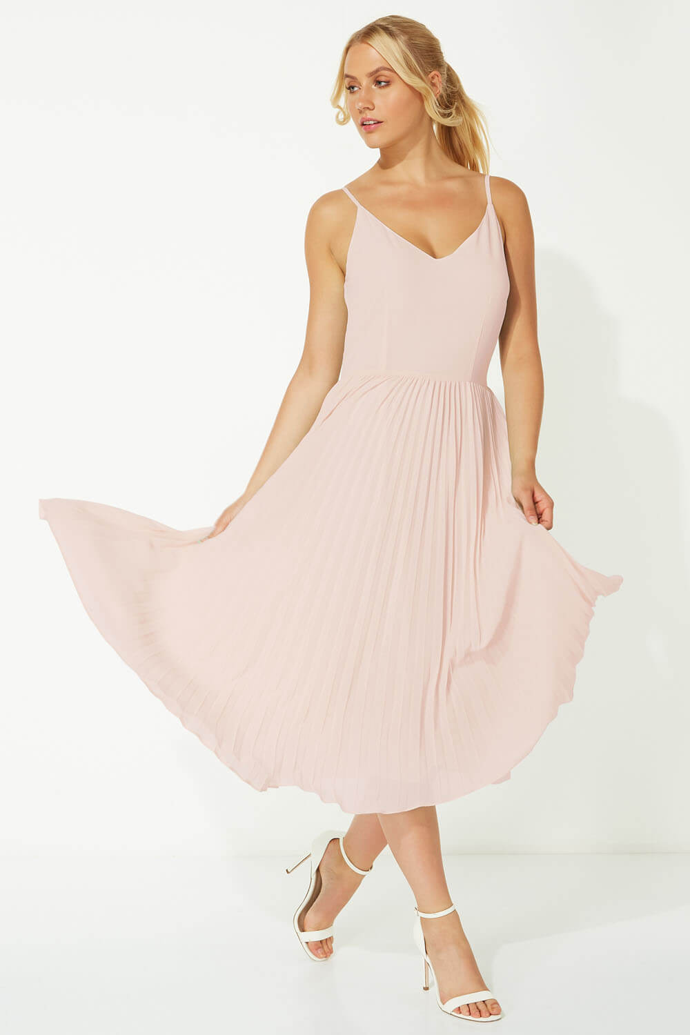 Light Pink Lace Top Overlay Pleated Midi Dress, Image 3 of 5