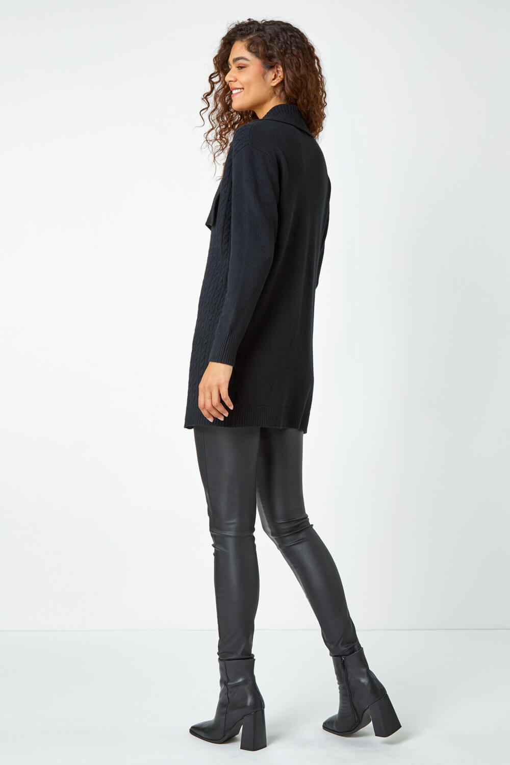Black Longline Collared Cable Knit Cardigan, Image 3 of 5