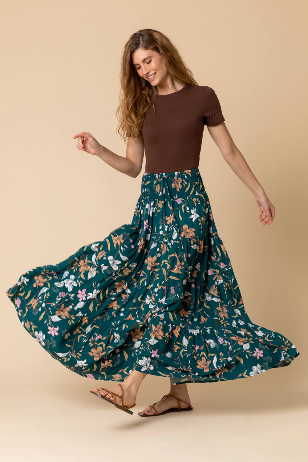 Teal Floral Shirred Waist Maxi Skirt, Image 3 of 4
