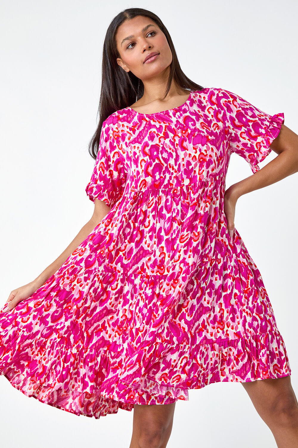 PINK Abstract Print Tiered Smock Dress, Image 4 of 5