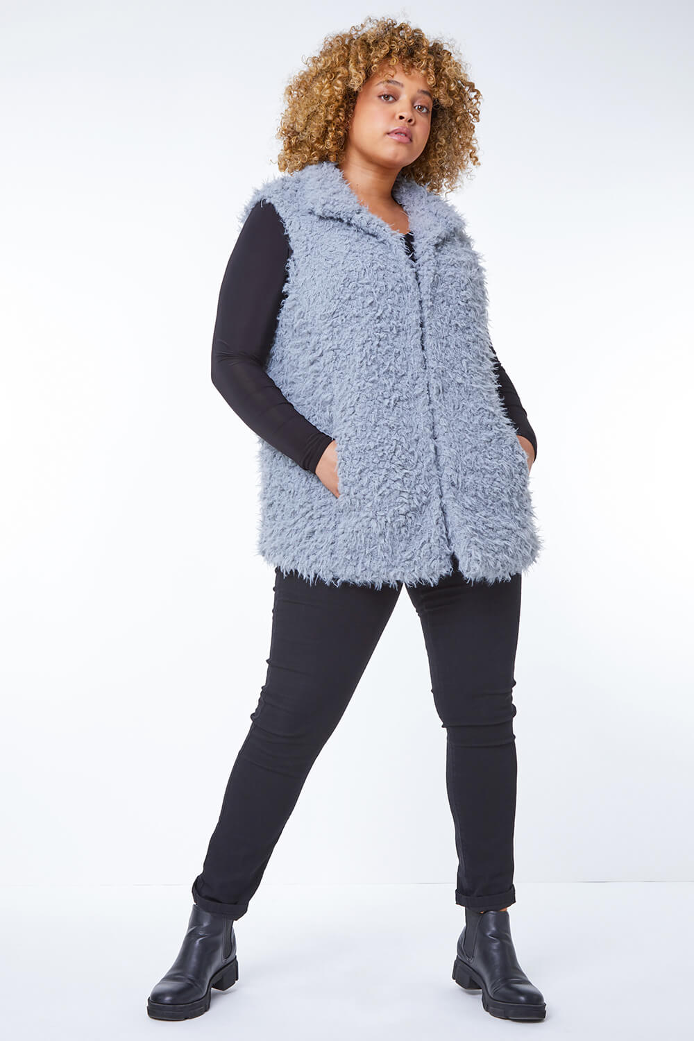 Grey Curve Textured Faux Fur Gilet, Image 2 of 5