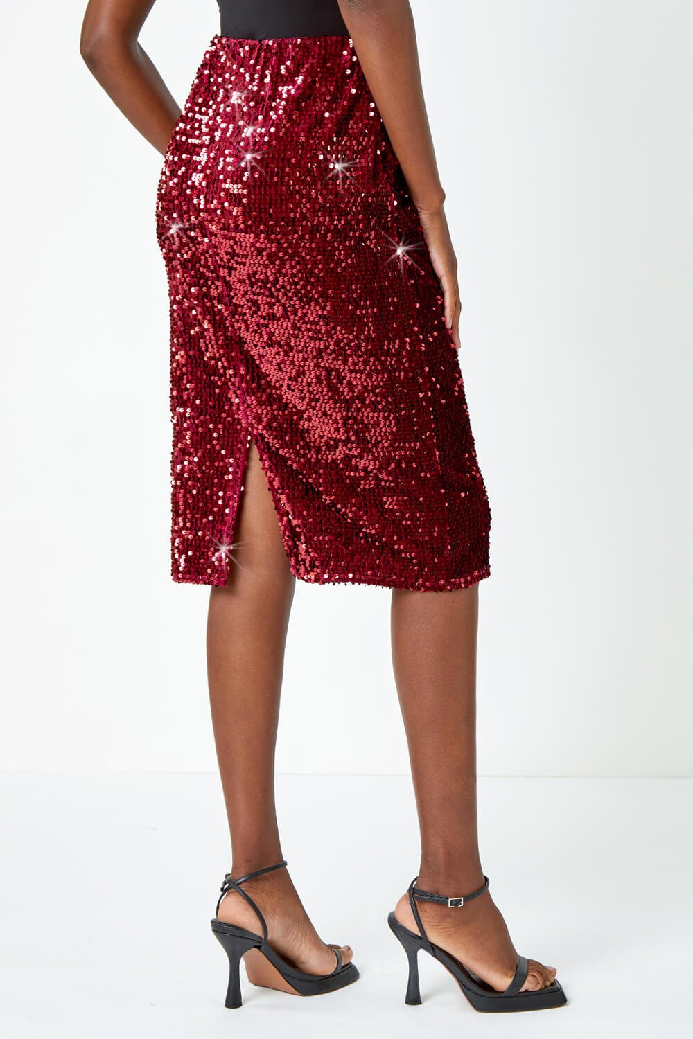 Red Sequin Embellished Velour Stretch Skirt, Image 4 of 5