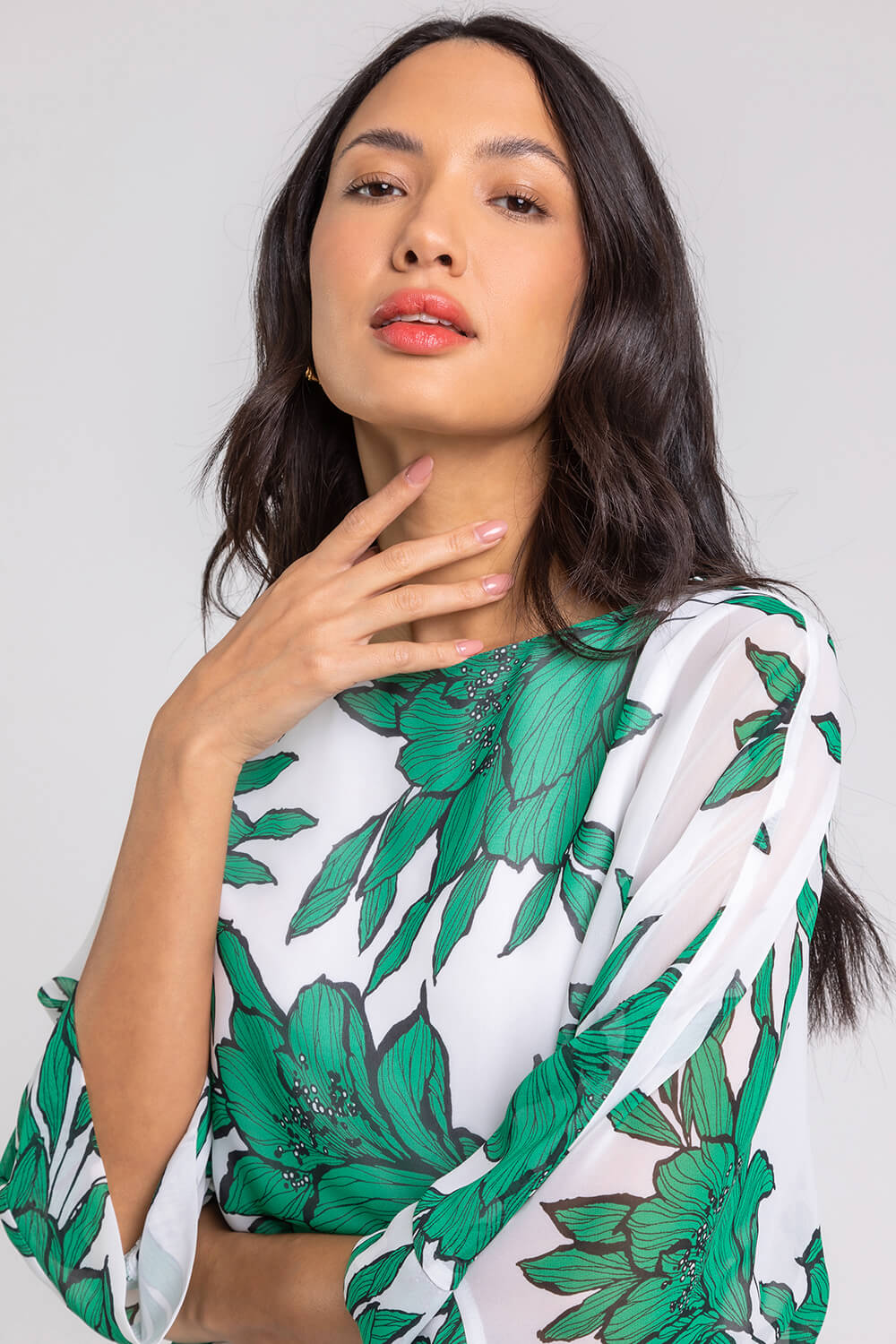 Green Floral Print Chiffon Overlay Top, Image 5 of 5