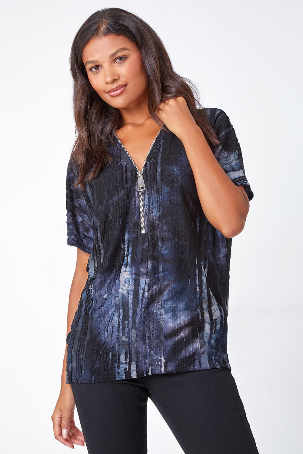 Blue Abstract Print Zip Front Stretch T-Shirt , Image 4 of 5