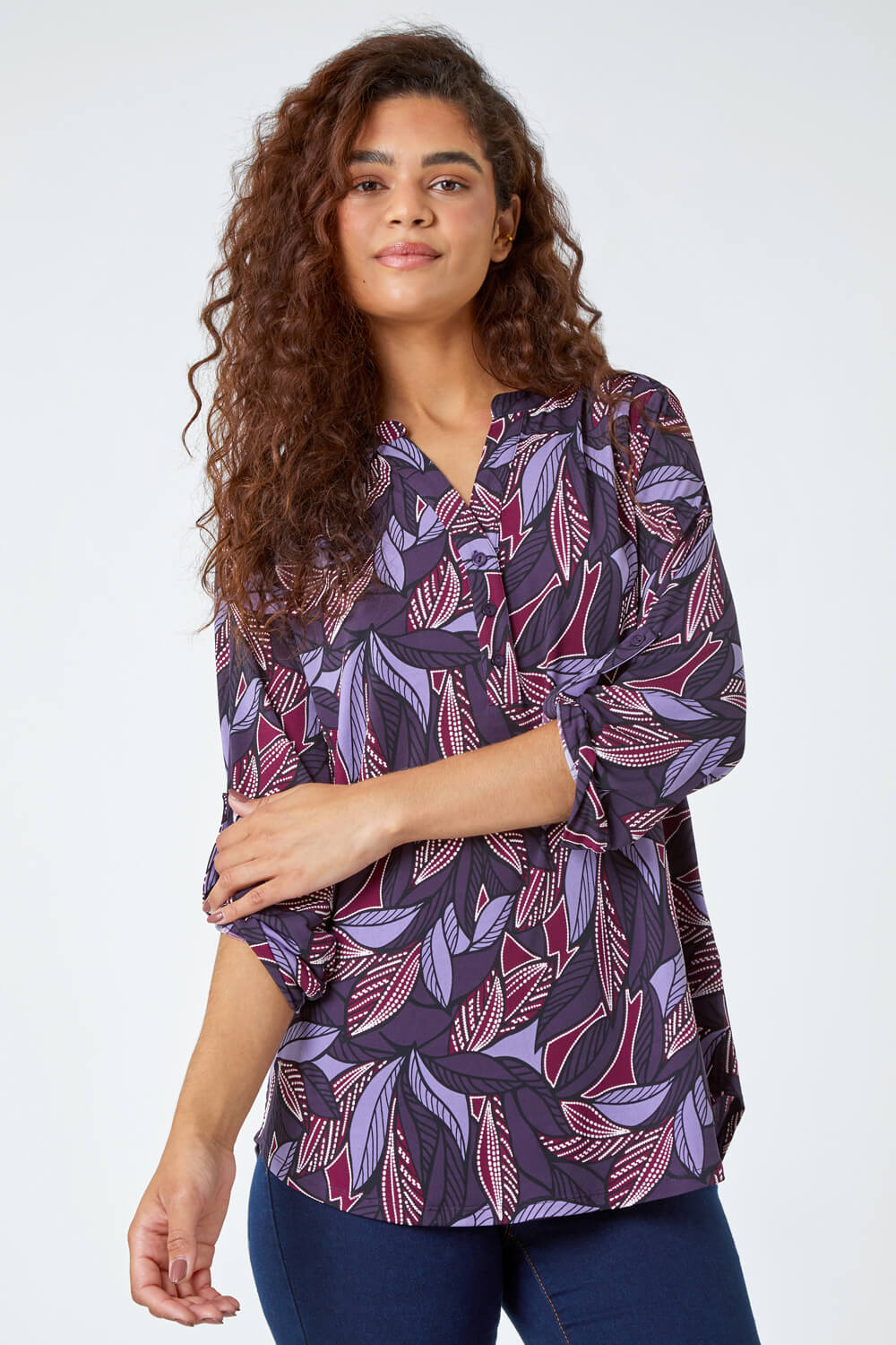 Purple Textured Leaf Print Stretch Shirt | Roman UK