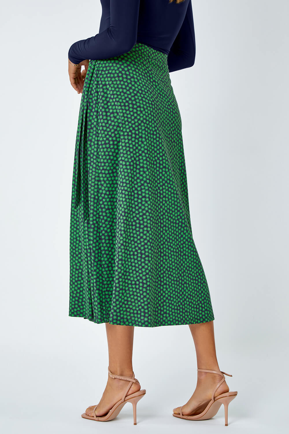 Green Cotton Blend Spot Print Midi Wrap Skirt, Image 3 of 5