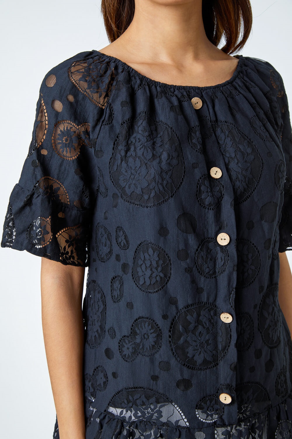 Black Sheer Lace Button Detail Bardot Top, Image 5 of 5