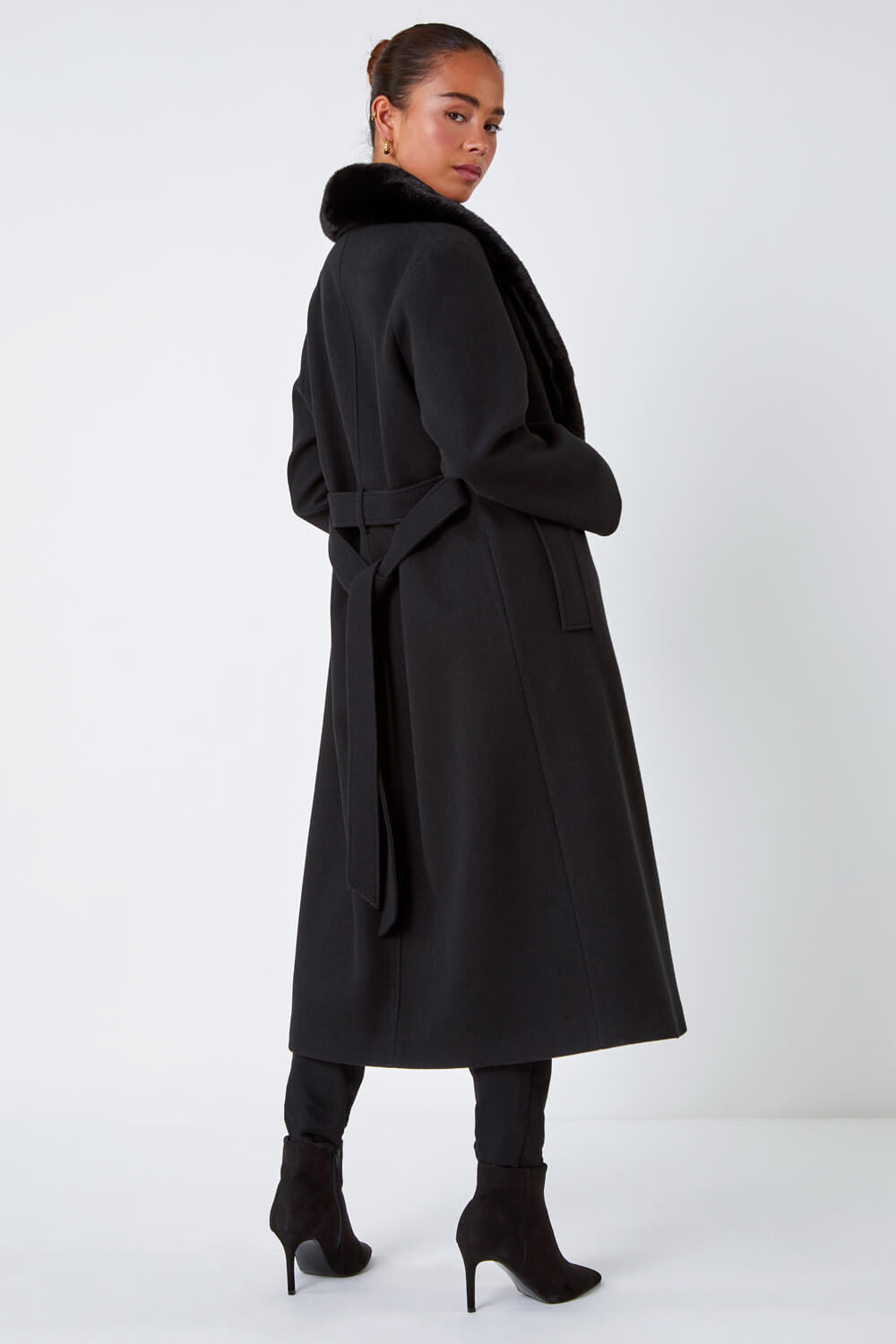 Black Petite Faux Fur Collar Longline Coat, Image 3 of 5