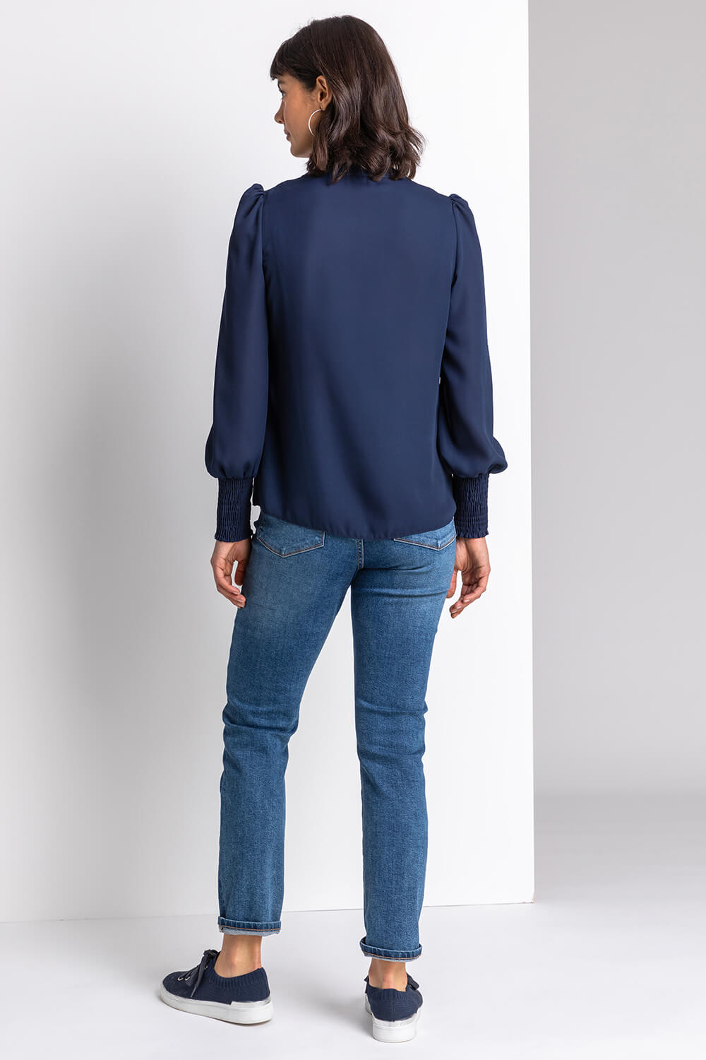 Navy  Plain Buttoned Shirred Cuff Top, Image 2 of 4