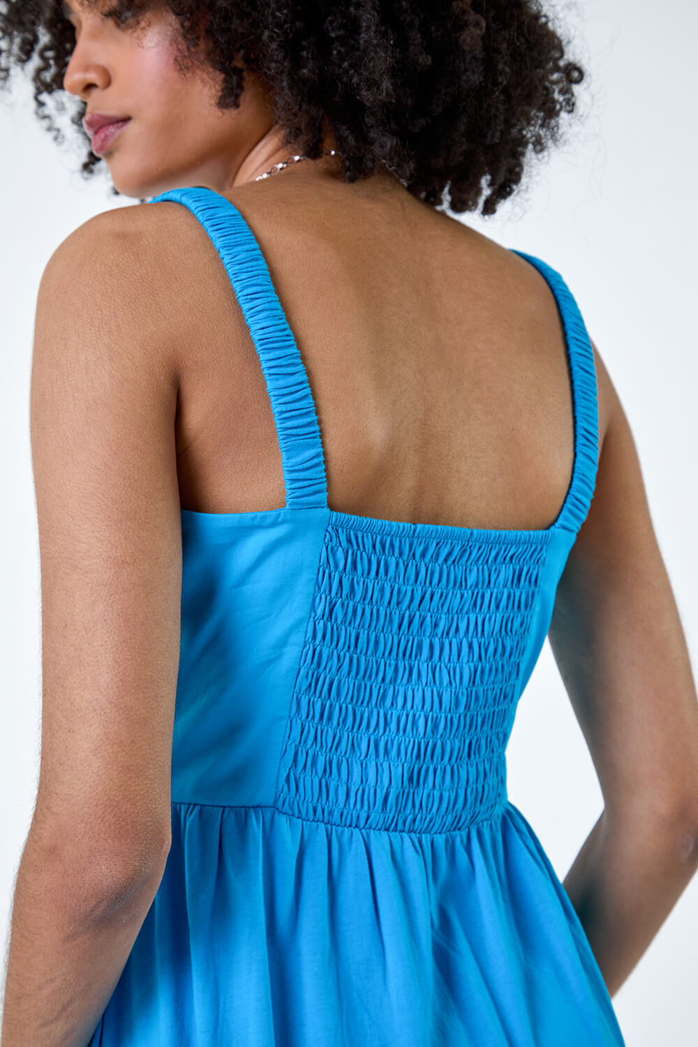 Turquoise Cotton Strappy Tiered Midi Dress, Image 5 of 5