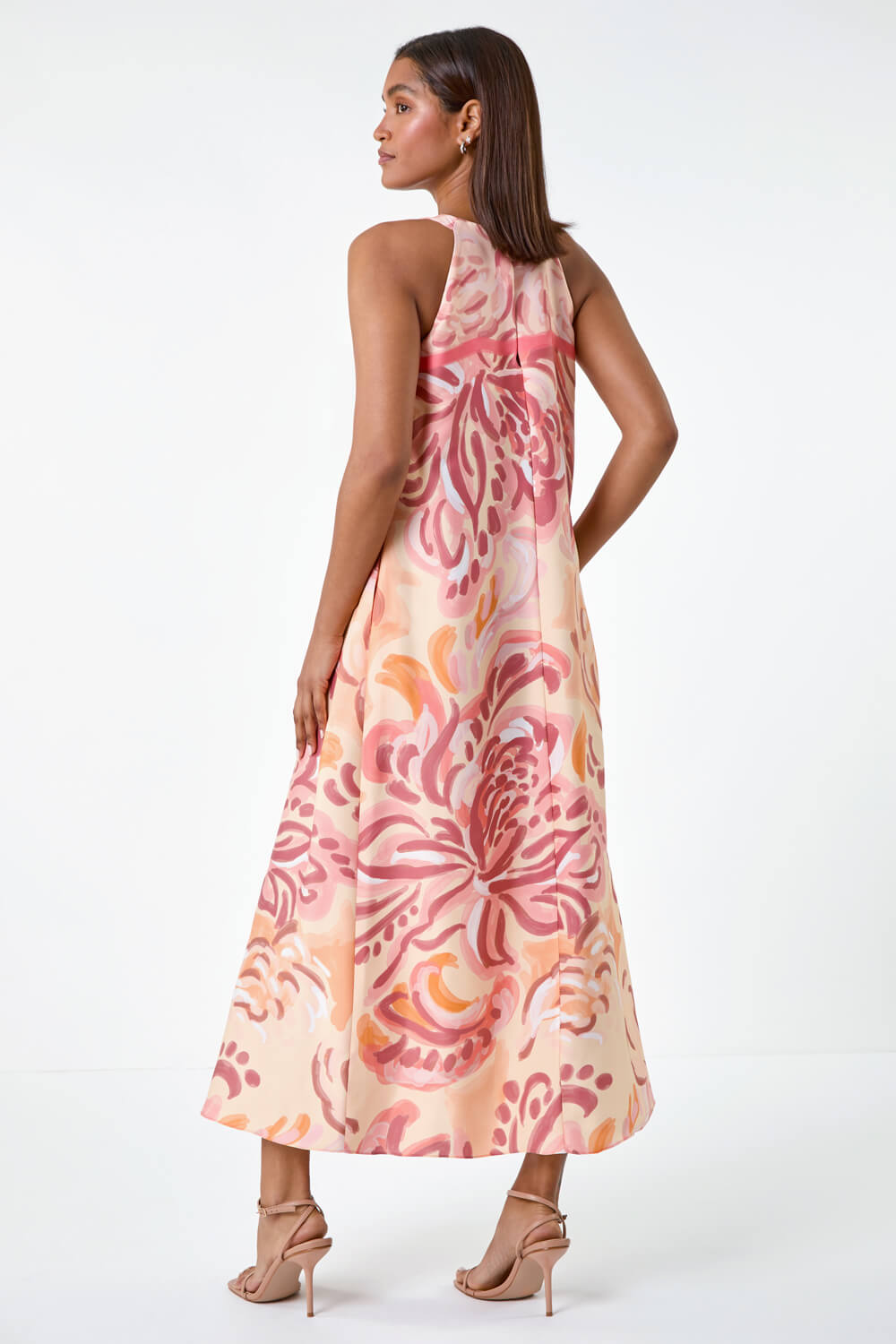 Peach Abstract Print Pocket Trapeze Dress, Image 3 of 5