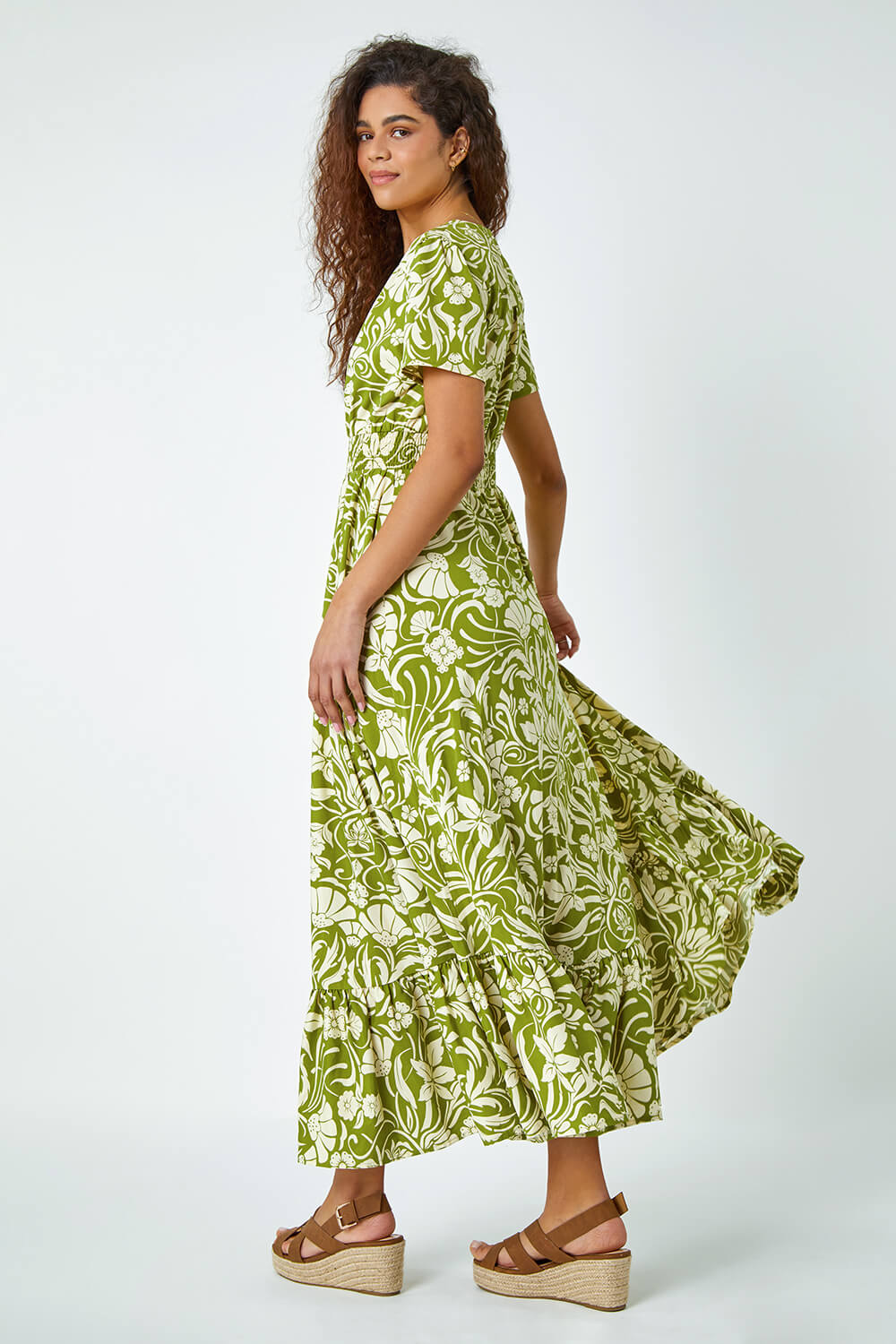 Lime Floral Print Button Detail Maxi Dress, Image 3 of 5