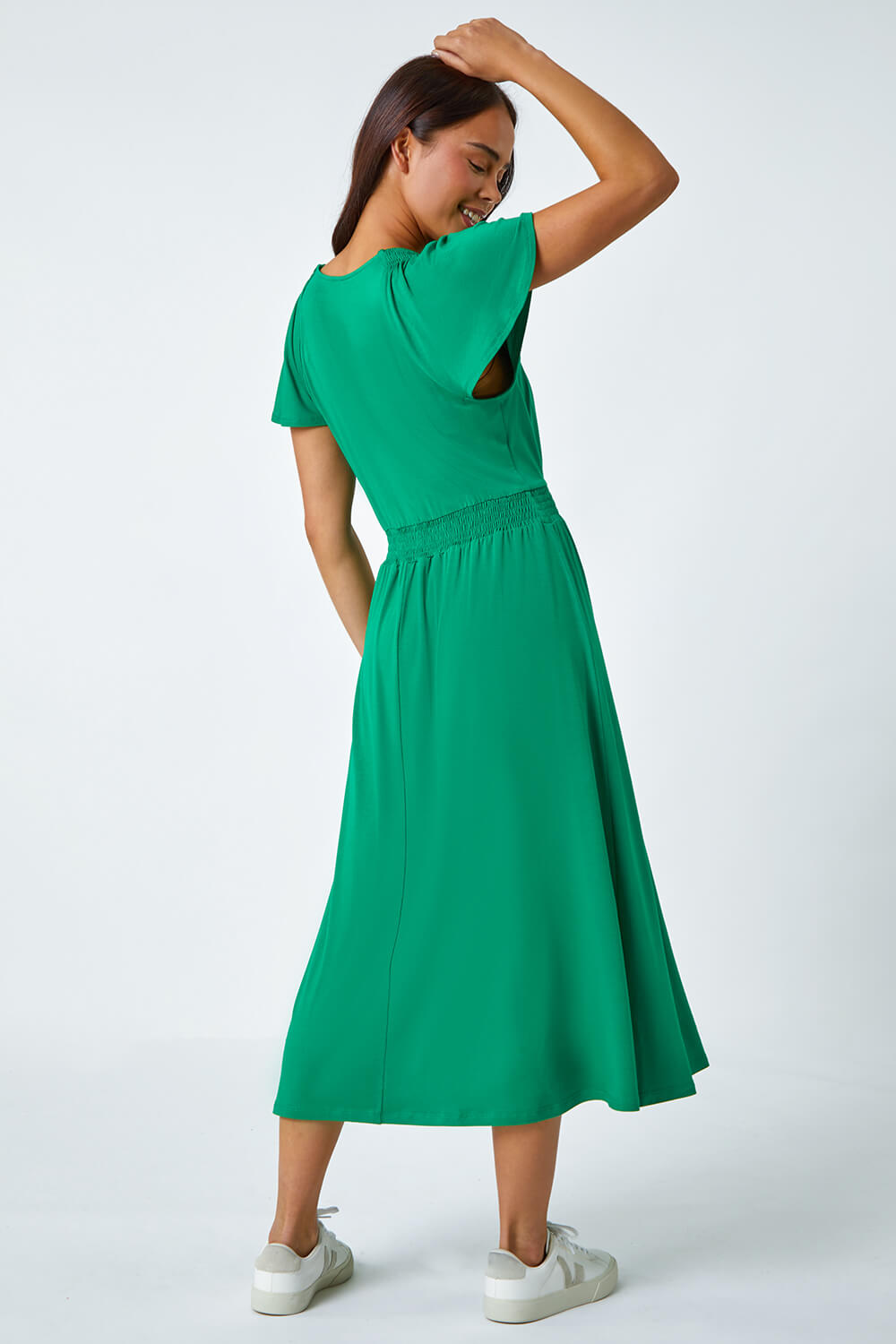 Green Petite Button Detail Stretch Midi Dress, Image 3 of 5