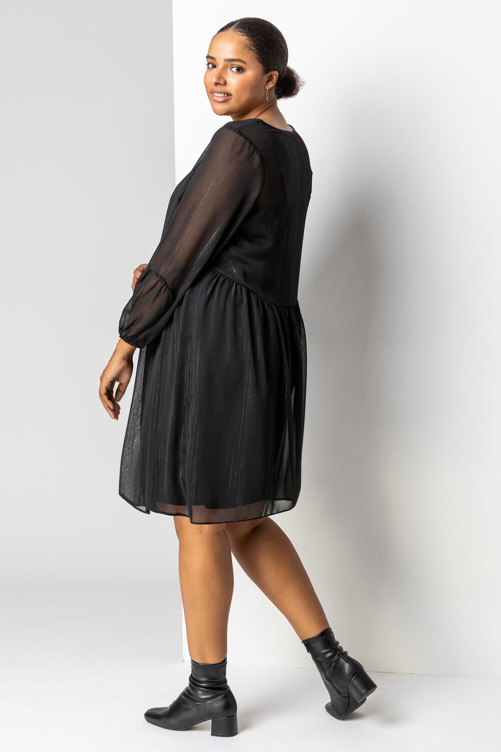 Black Curve Chiffon Shimmer Stripe Smock Dress, Image 2 of 4