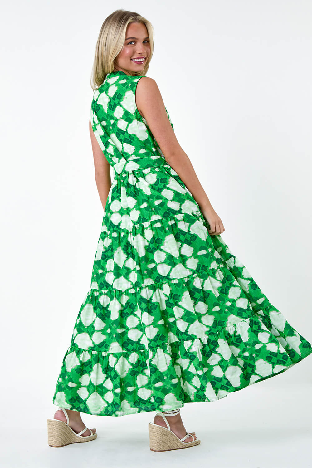 Green Petite Abstract Tiered Button Maxi Dress, Image 3 of 5
