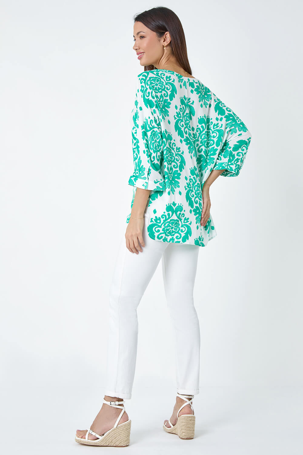 Green Textured Paisley Print Tunic Top, Image 3 of 5