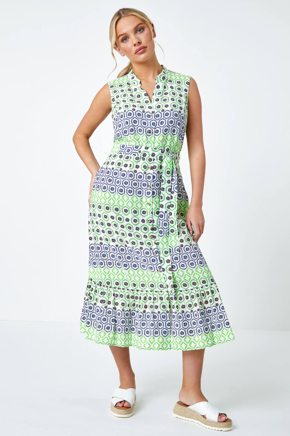 Green Geometric Print Midi Shirt Dress, Image 4 of 5