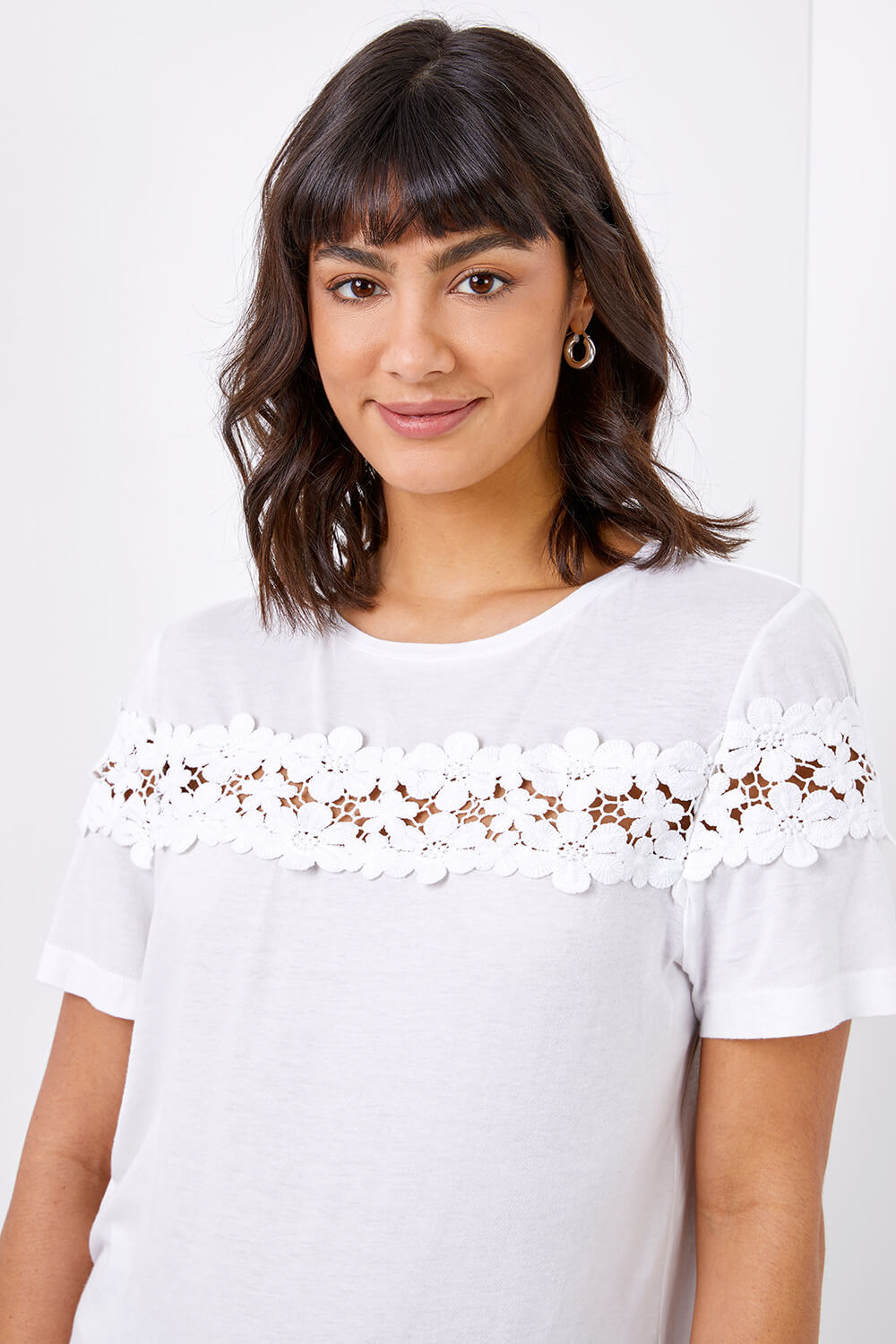 Lace Detail Jersey T-Shirt in Ivory - Roman Originals UK