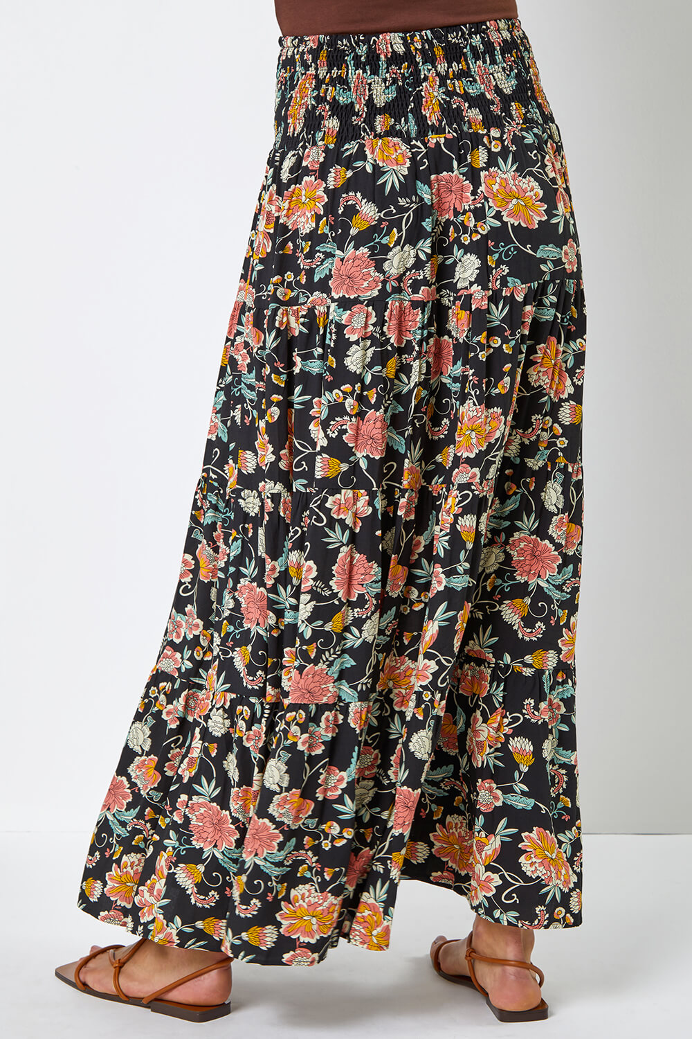 Boho Floral Print Shirred Waist Maxi Skirt in Black - Roman Originals UK