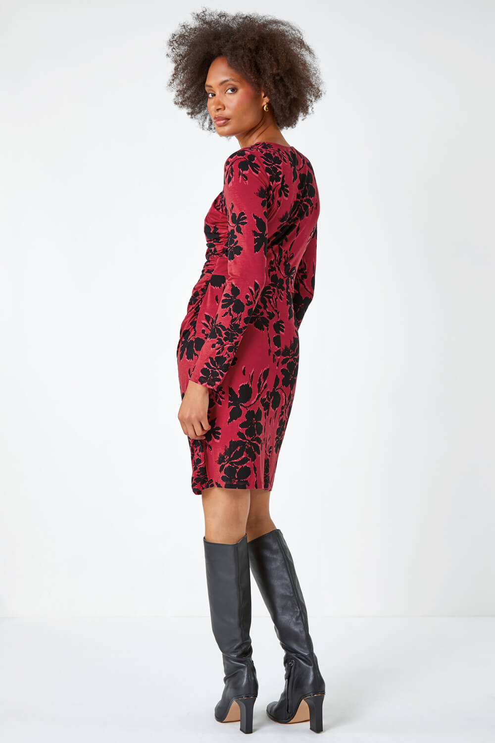 Red Floral Ruched Waist Stretch Dress, Image 3 of 5