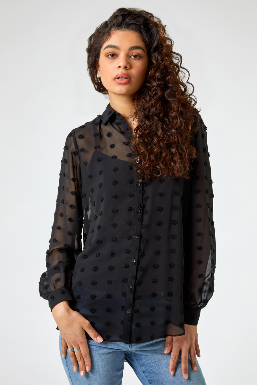 Black Textured Spot Button Up Blouse, Image 2 of 5