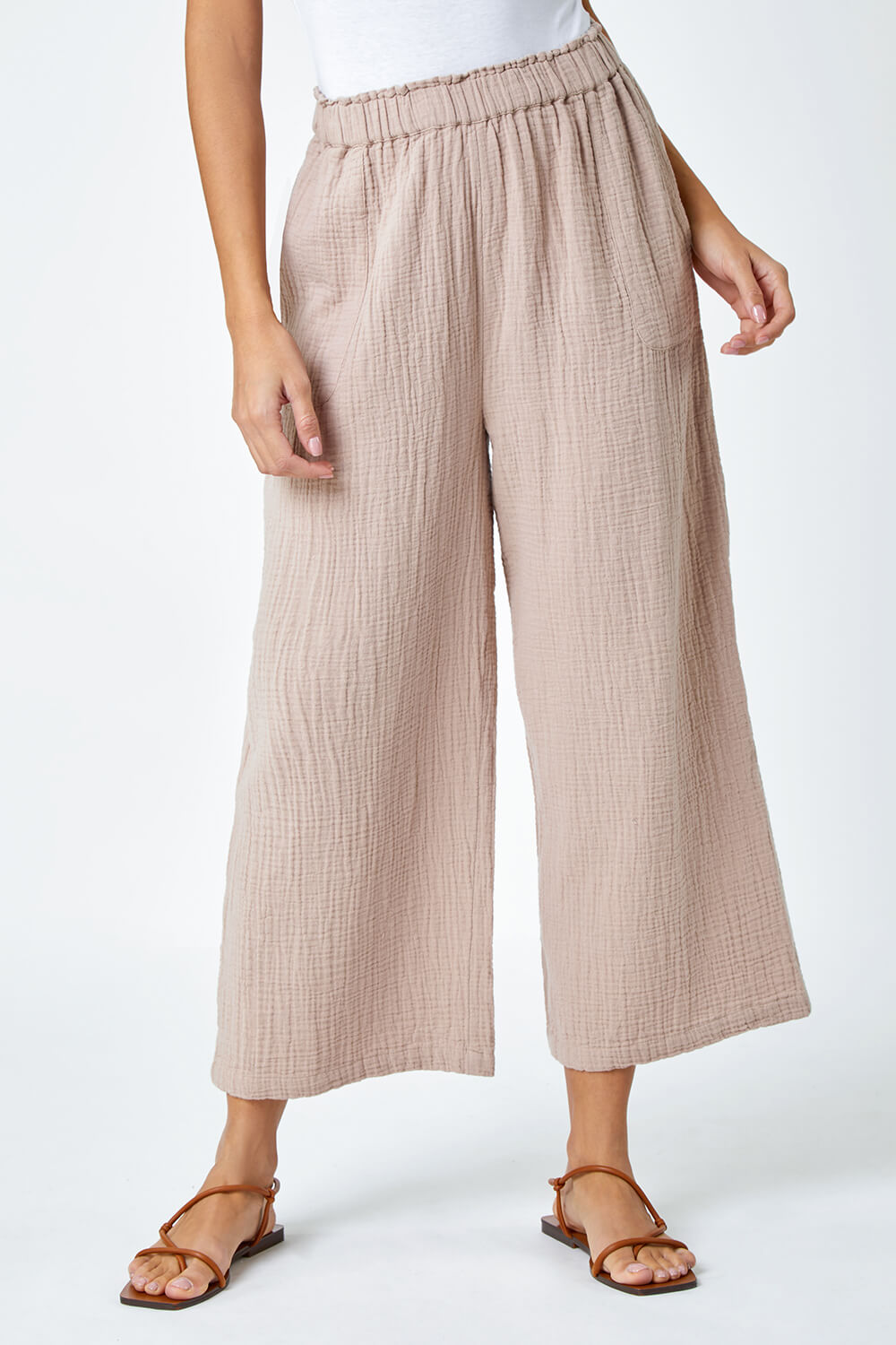 Natural  Textured Cotton Culotte Trousers, Image 4 of 5