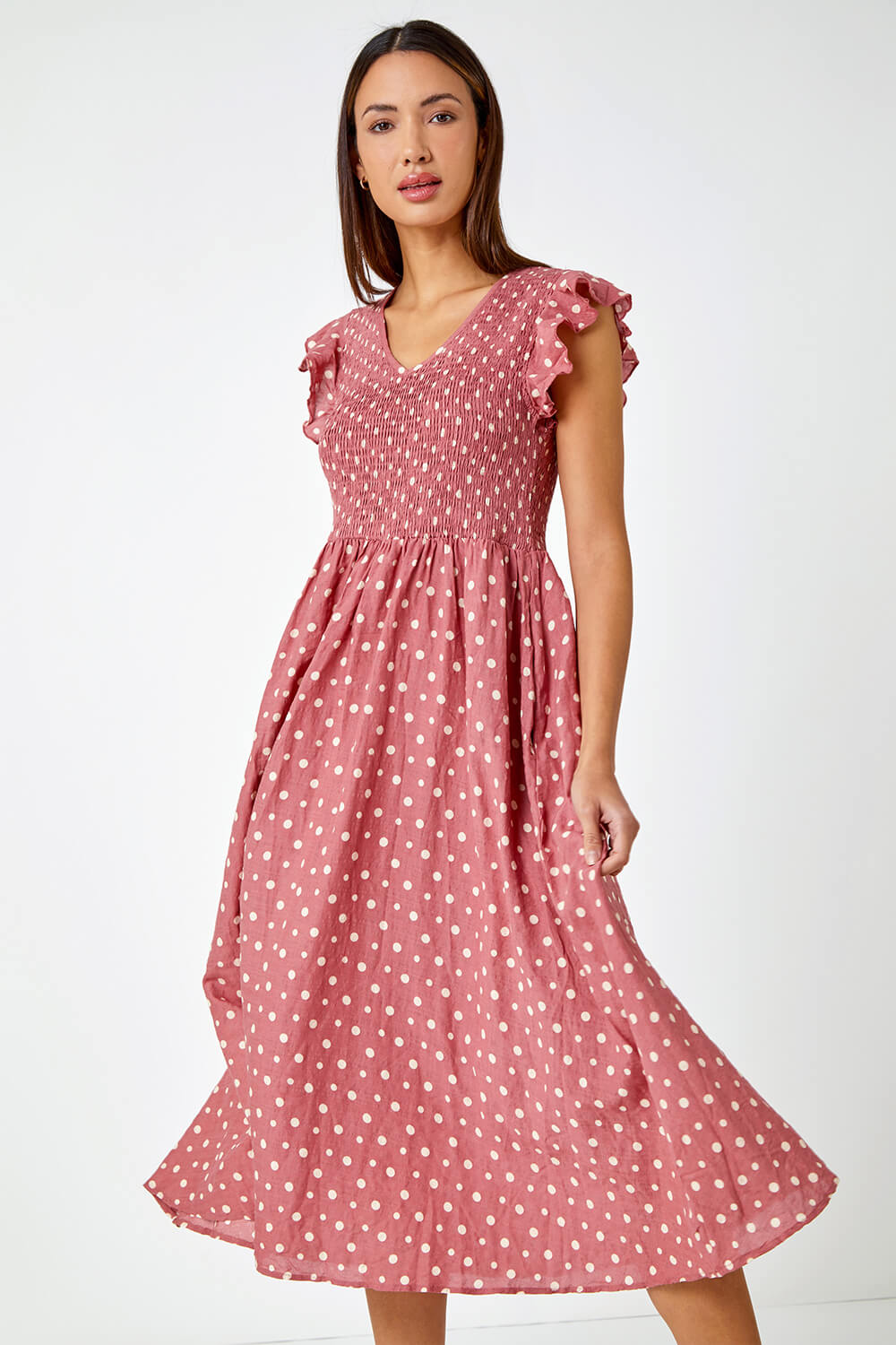 PINK Frill Sleeve Spot Shirred Midi Dress, Image 2 of 5