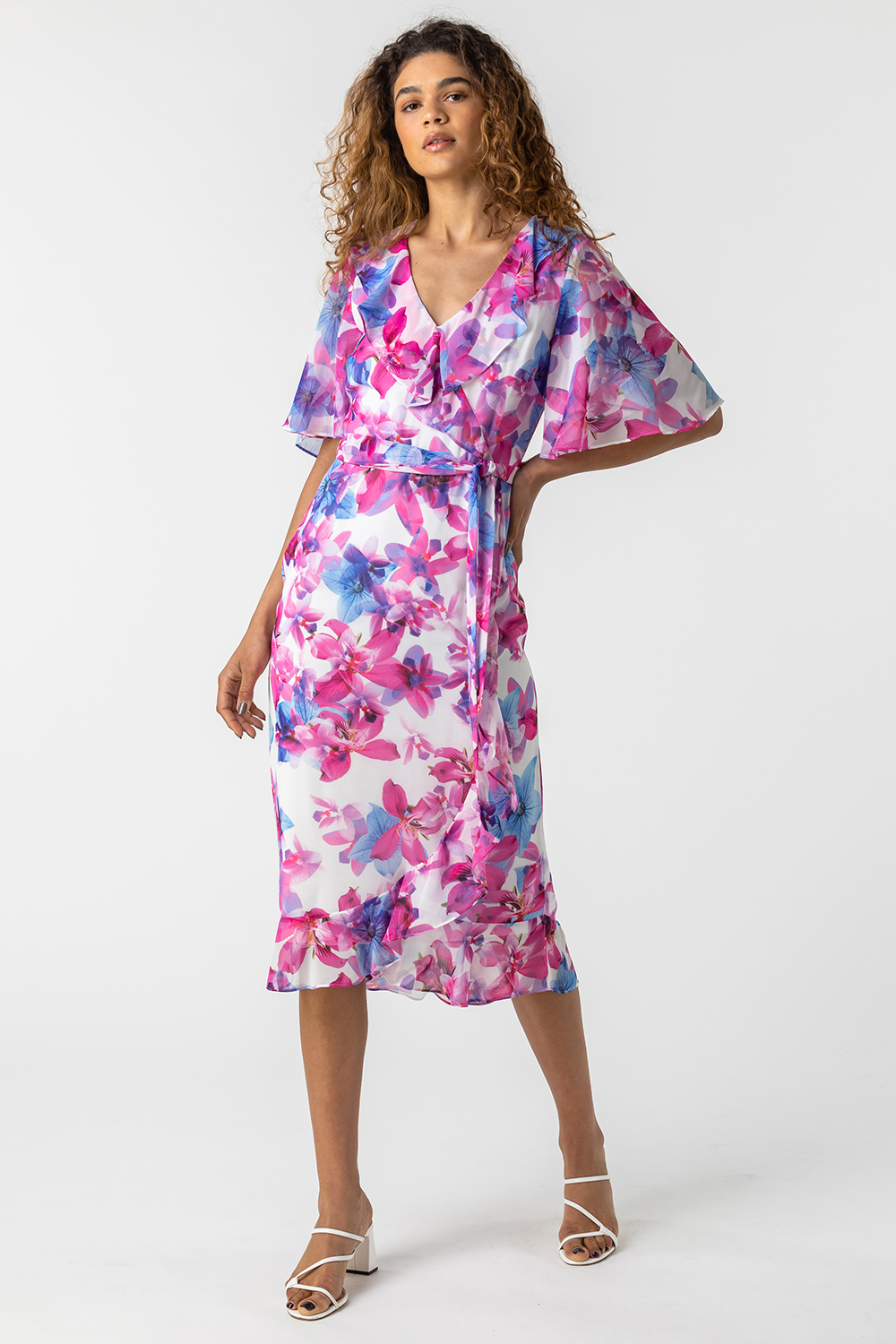 Floral Print Frill Wrap Dress in Pink - Roman Originals UK
