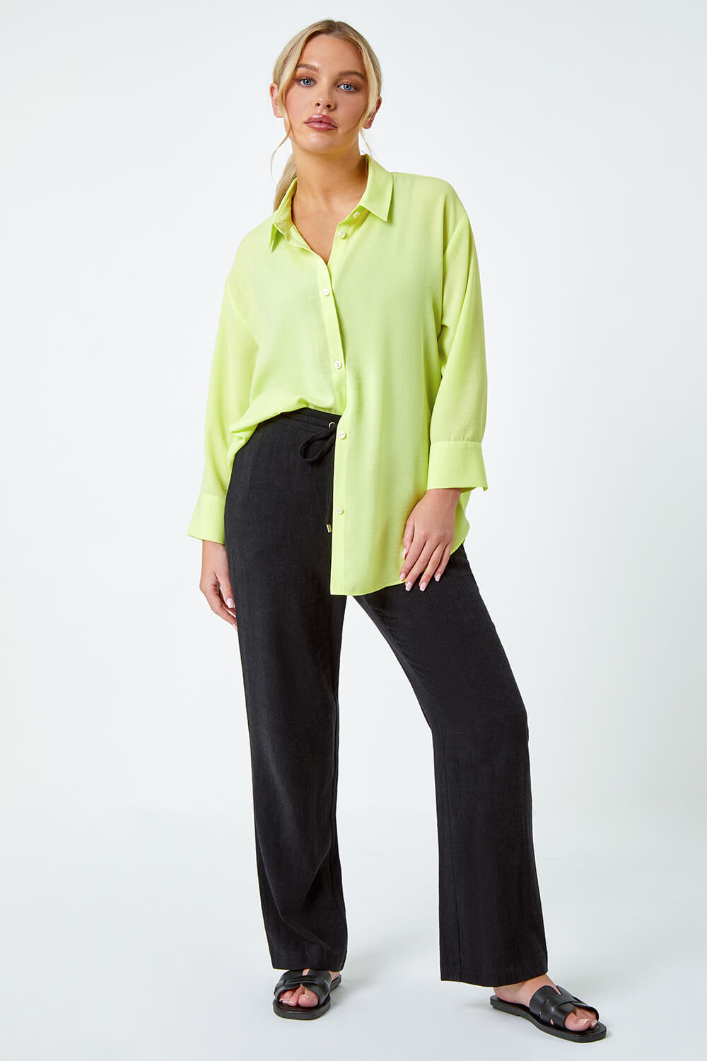 Lime Petite Longline Button Through Shirt, Image 2 of 5