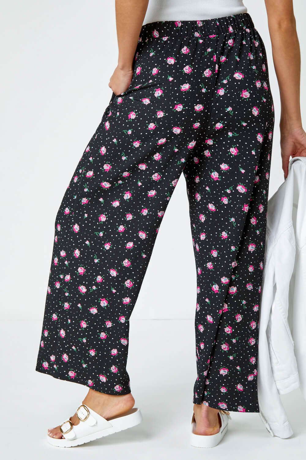 Black Ditsy Floral Print Stretch Culottes, Image 3 of 5