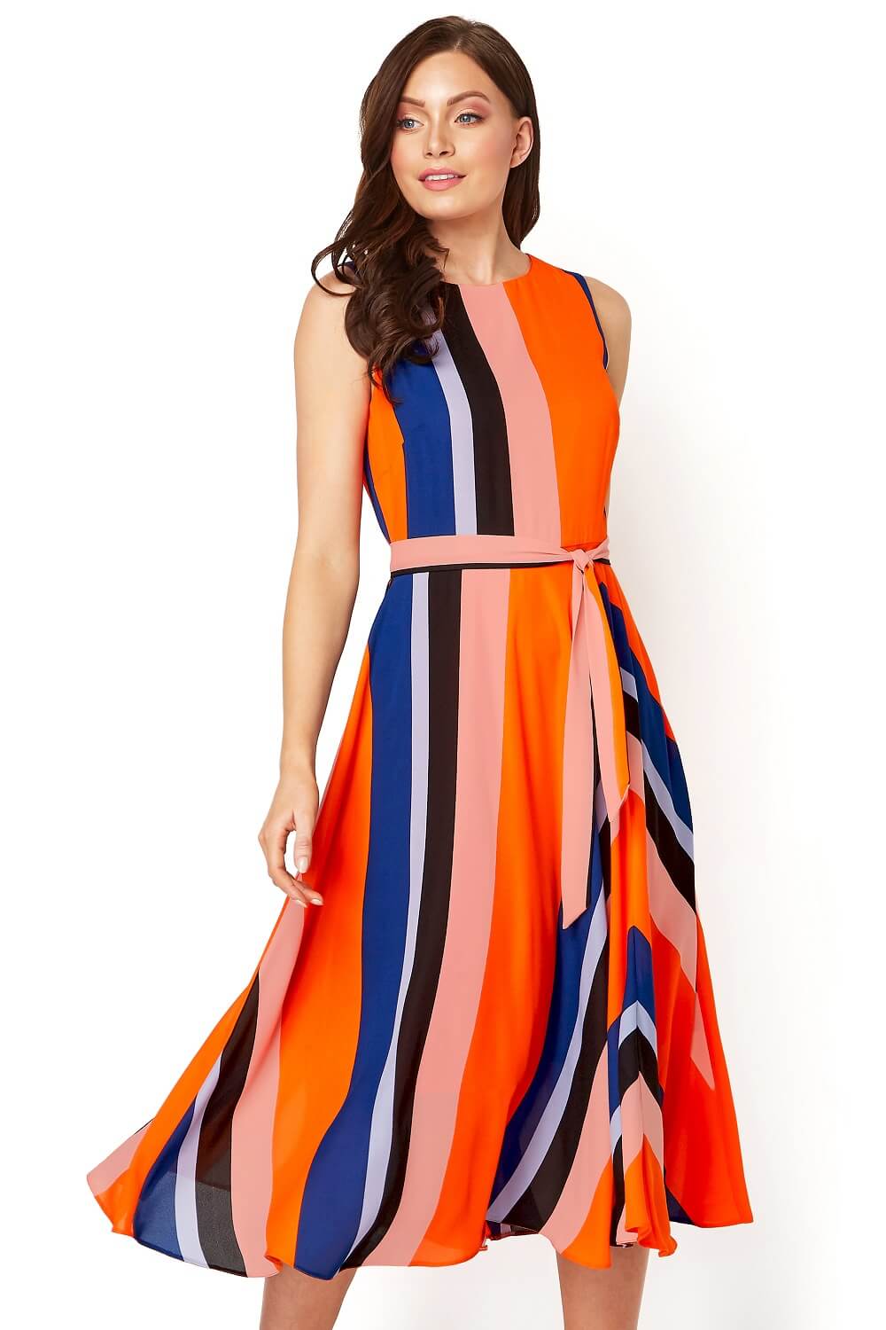 ORANGE Pleated Stripe Fit and Flare Midi Dress, Image 2 of 5