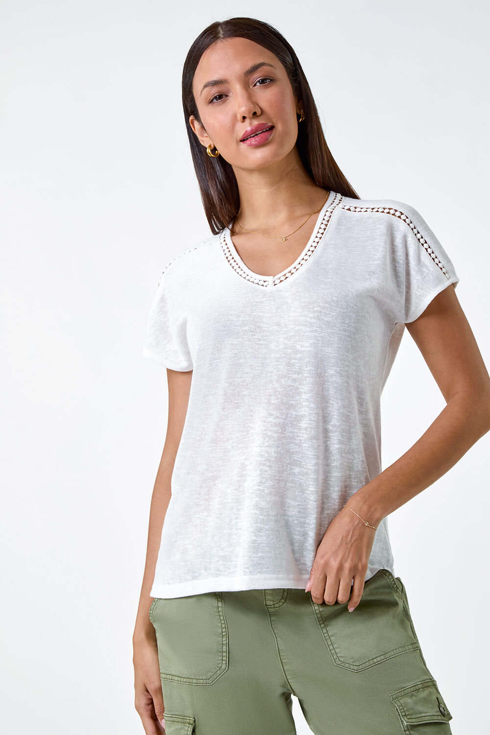 Ivory  Lace Trim Stretch Jersey T-Shirt, Image 2 of 5