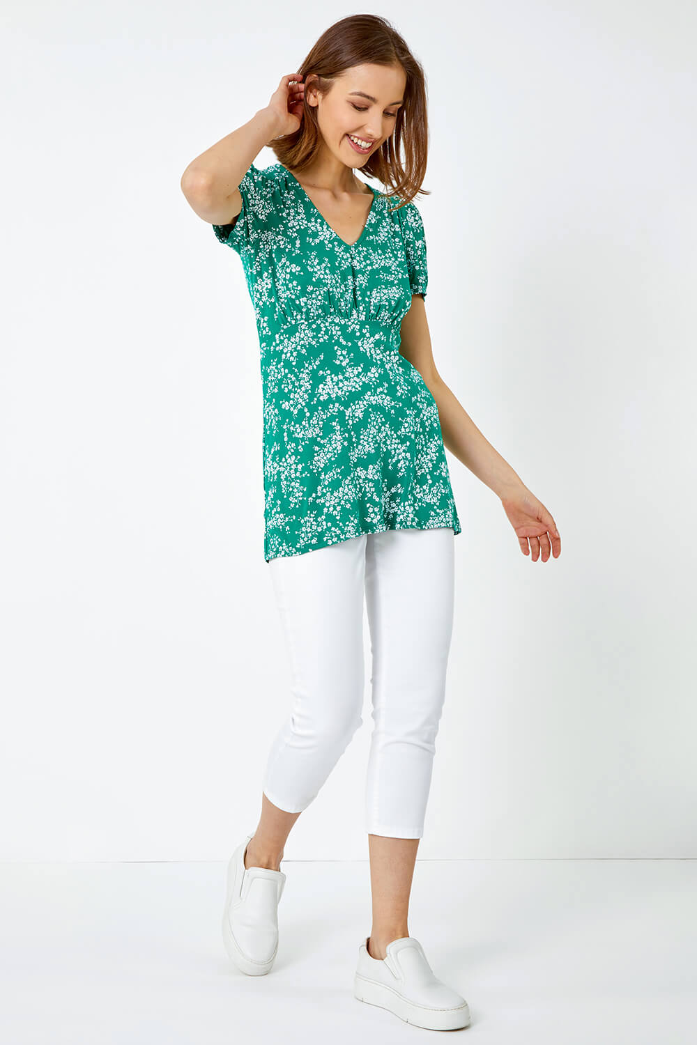 Green Ditsy Floral Print Stretch T-Shirt, Image 4 of 5