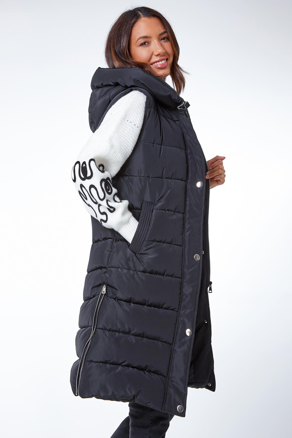 Black Hooded Longline Quilted Gilet, Image 2 of 5