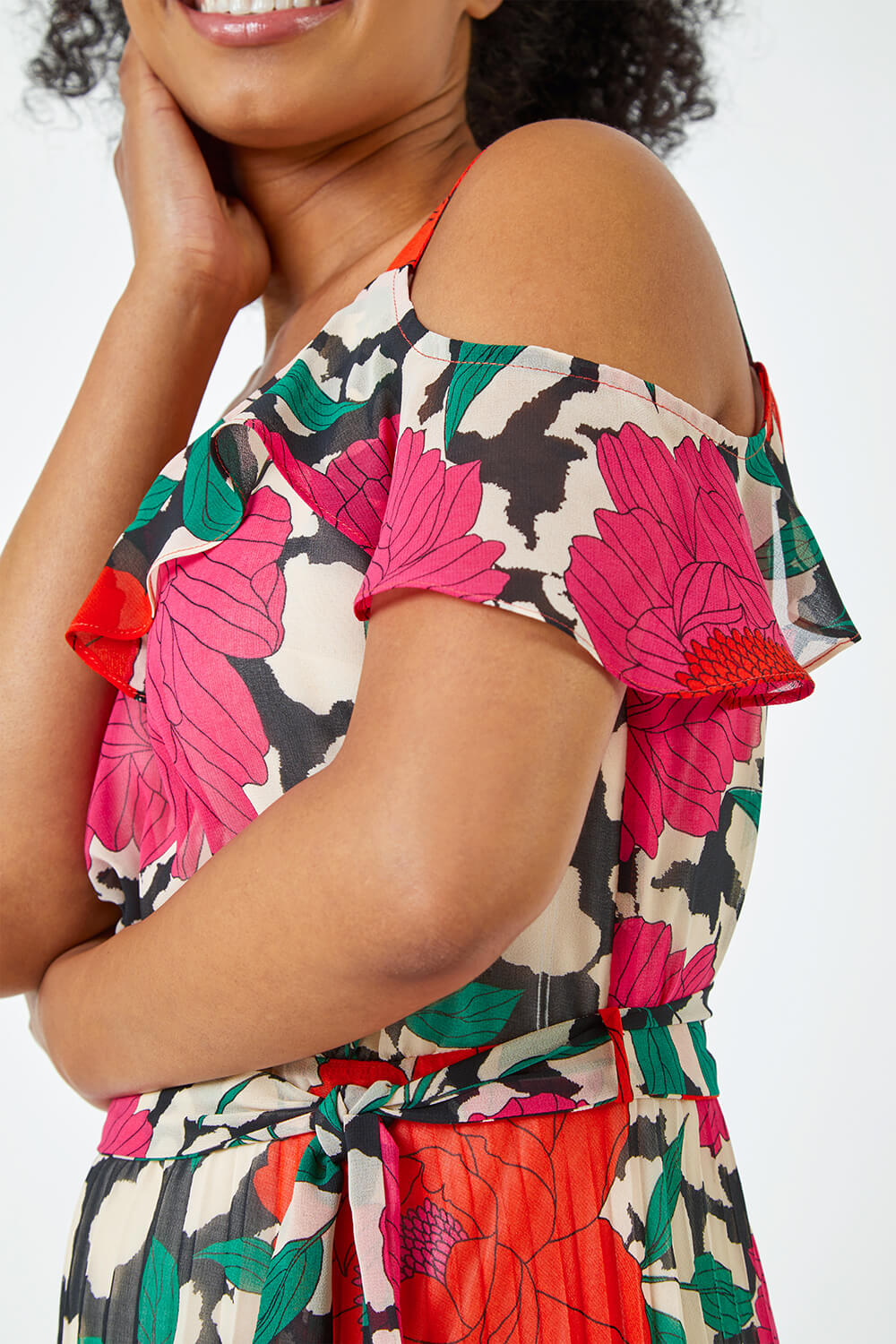 PINK Petite Floral Cold Shoulder Chiffon Midi Dress, Image 5 of 5