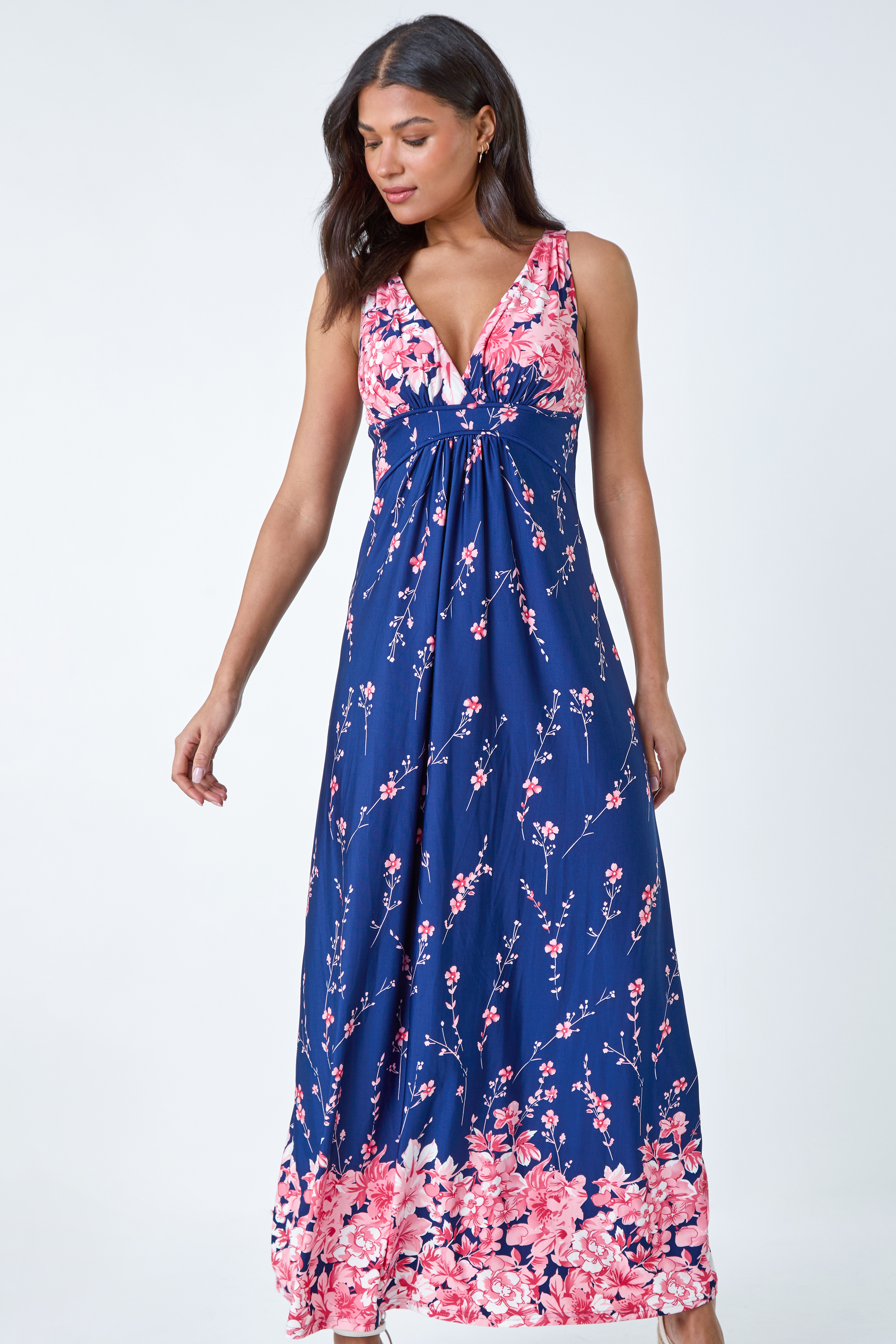 Navy  Floral Print Stretch Maxi Dress, Image 3 of 5