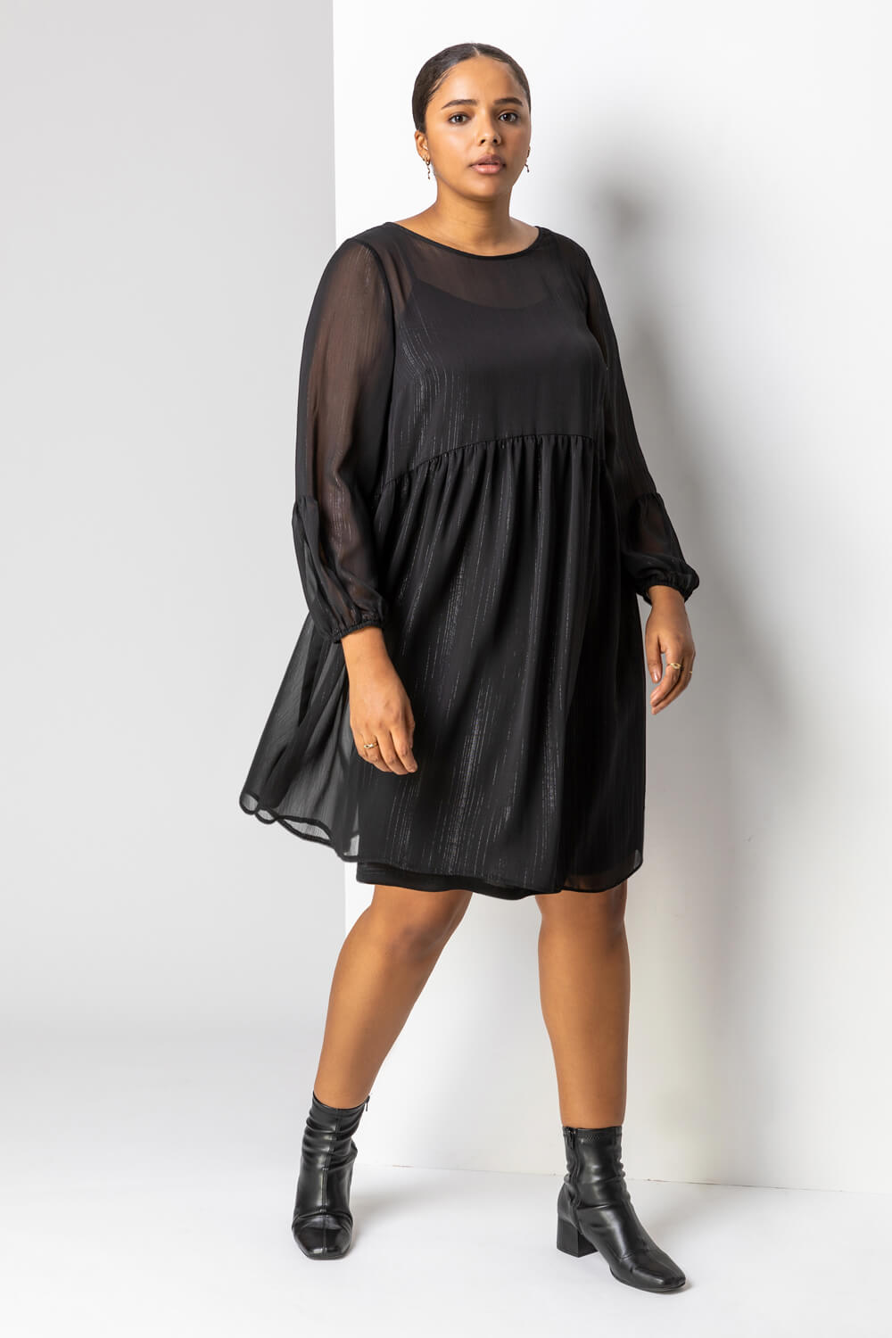 Curve Chiffon Shimmer Stripe Smock Dress in Black - Roman Originals UK