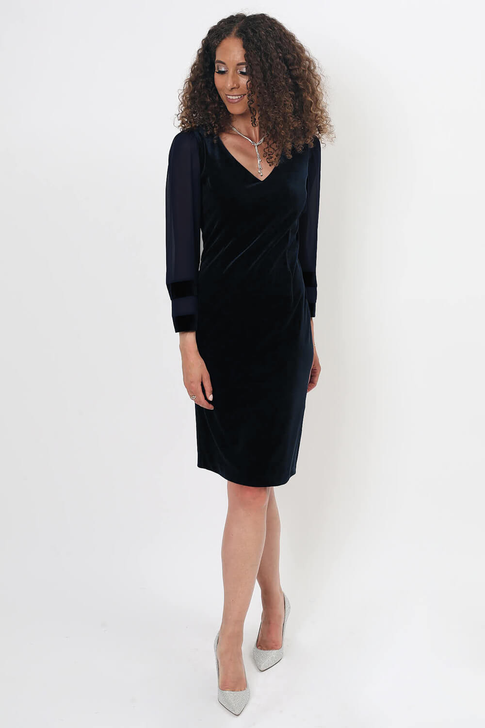 Black Julianna V-Neck Velour Shift Dress, Image 3 of 4