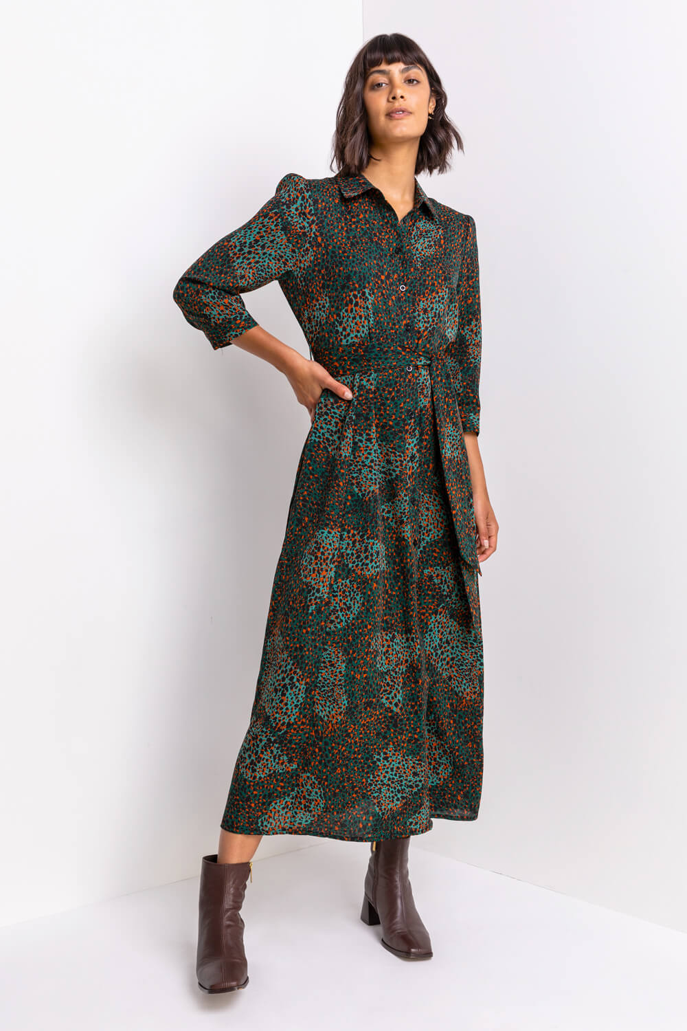 Green Abstract Animal Belted Shirt Dress, Image 3 of 5