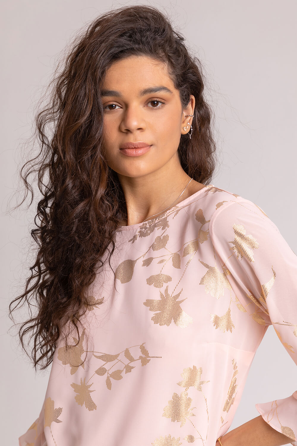 PINK Floral Foil Chiffon Flared Sleeve Top, Image 4 of 4