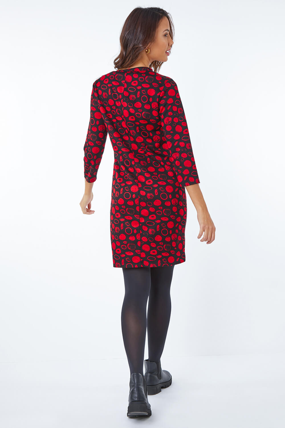 Red Abstract Spot Print Pocket Shift Dress, Image 3 of 5