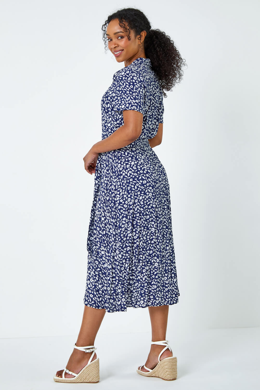Navy  Petite Ditsy Floral Shirt Dress, Image 3 of 5