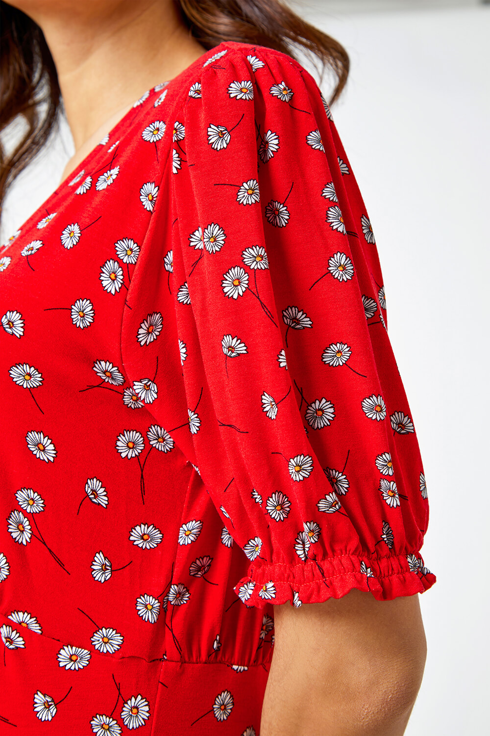 Red Floral Print Frill Tea Dress, Image 5 of 5