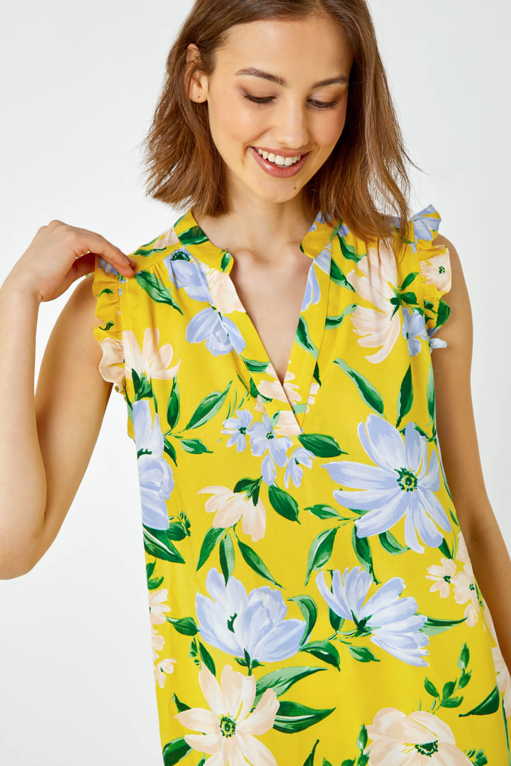Yellow Floral Print Sleeveless Ruffle Top, Image 4 of 5