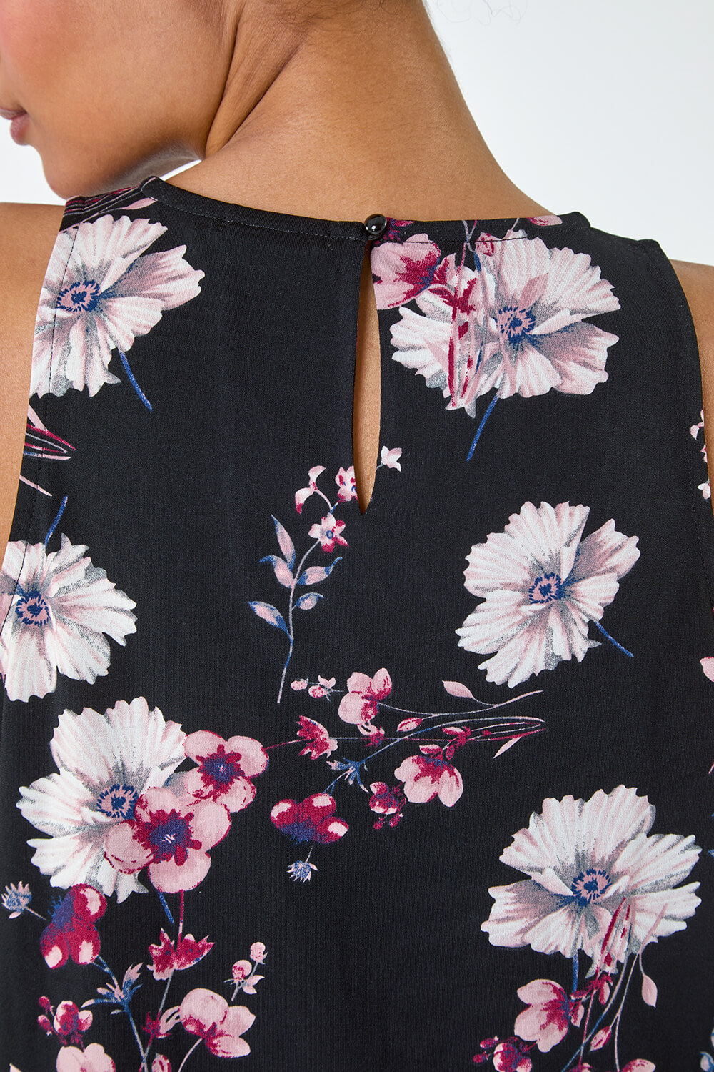 Black Floral Print Keyhole Vest Top, Image 4 of 4