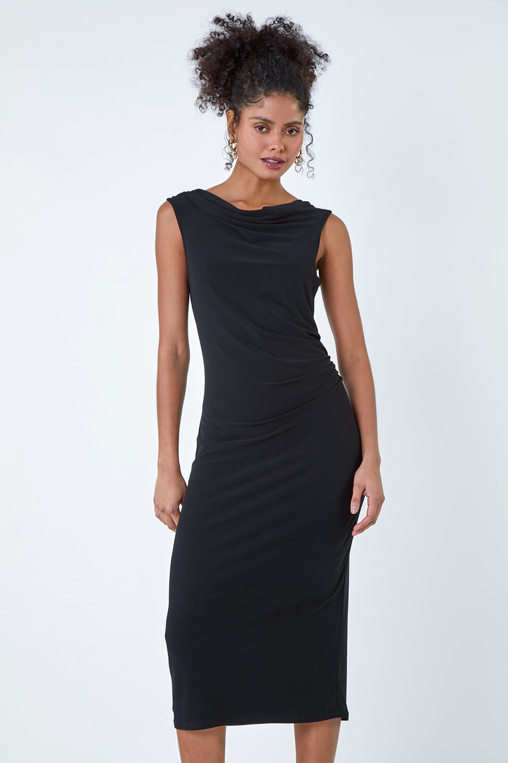 Black Ruched Cowl Neck Stretch Midi Dress, Image 3 of 5