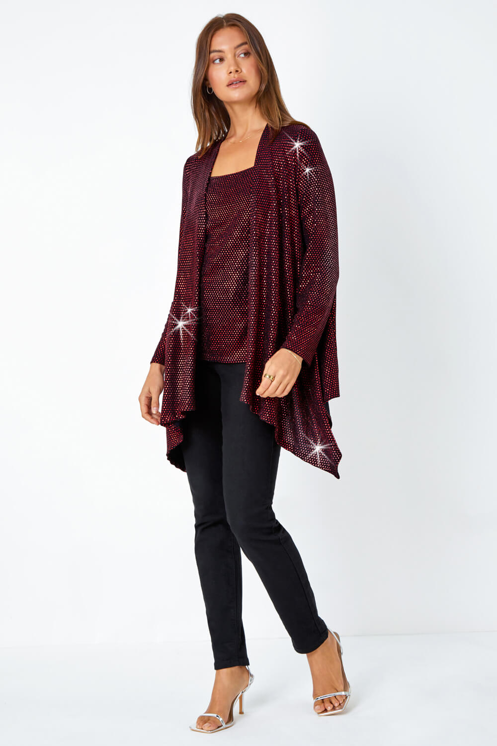 Red Sequin Sparkle Waterfall Stretch Jacket | Roman UK