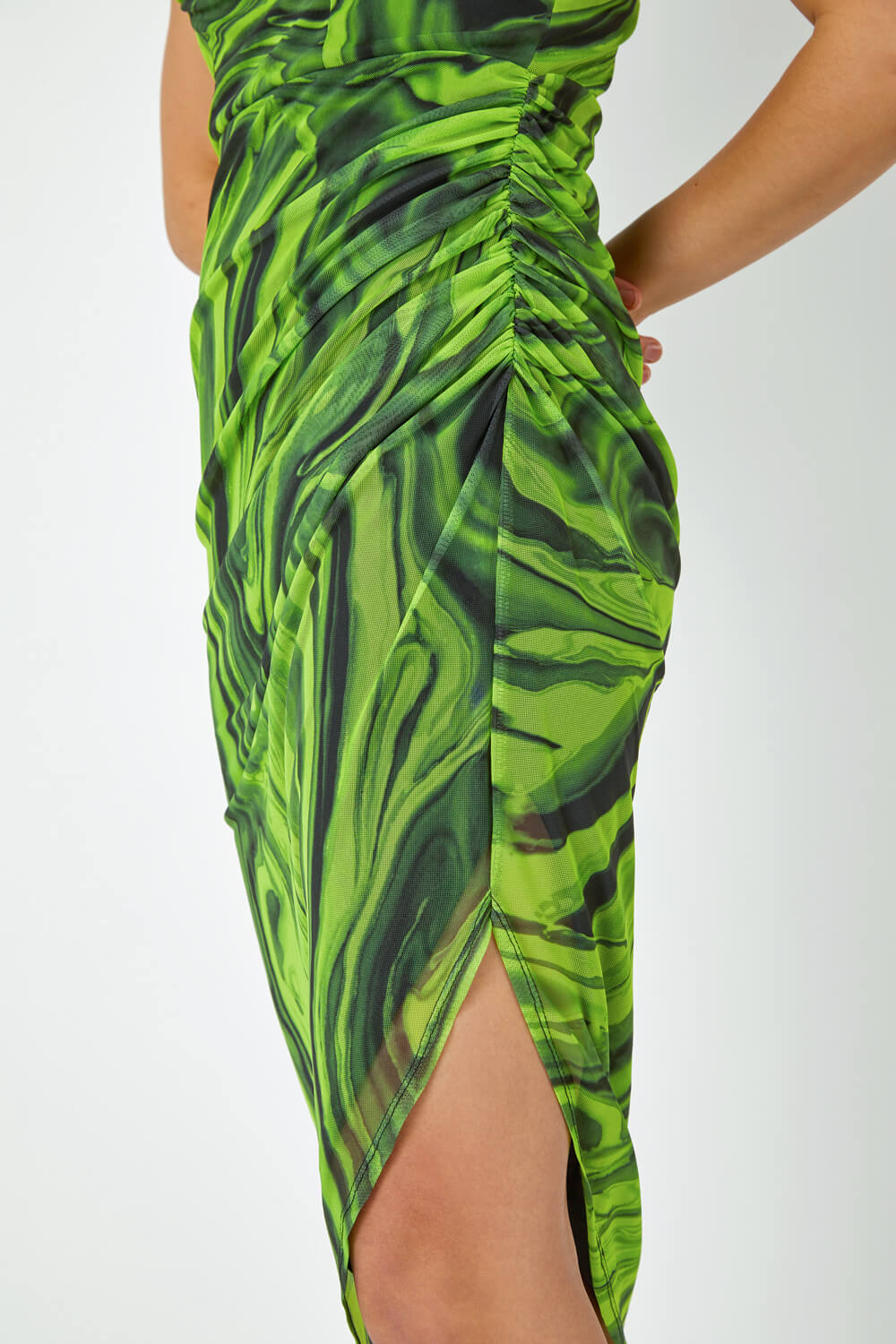 Green Swirl Print Ruched Stretch Midi Dress, Image 5 of 5