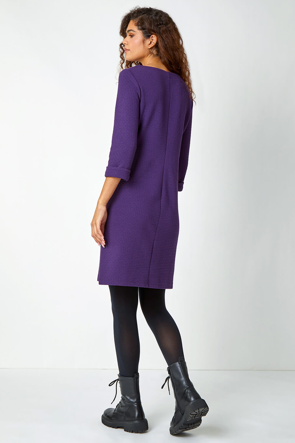 Purple Textured Cotton Blend Shift Stretch Dress, Image 3 of 5
