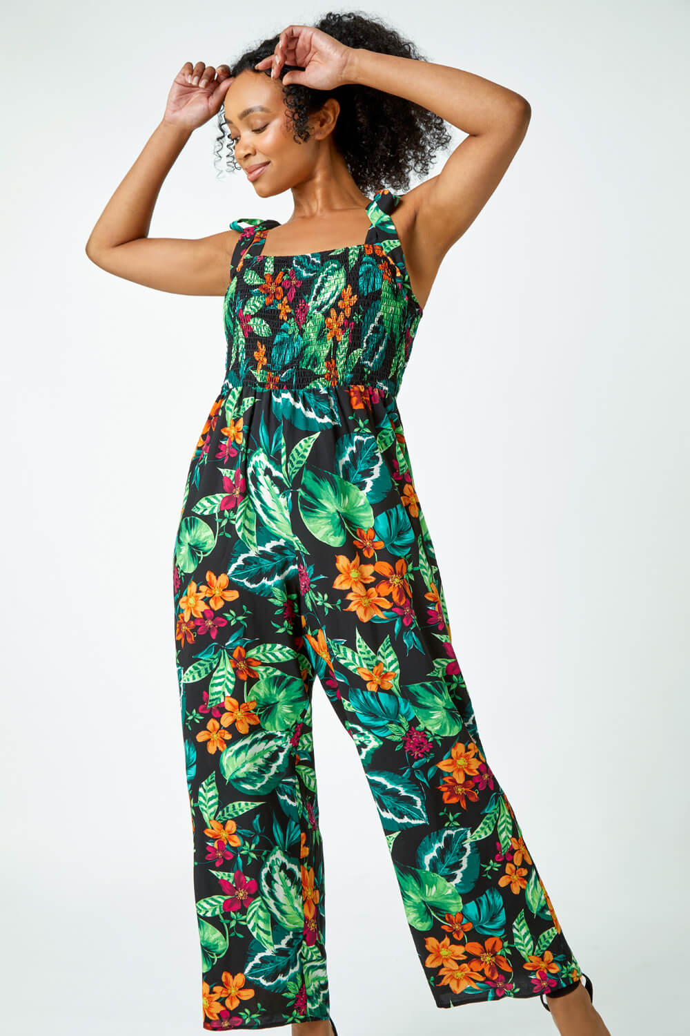 Black Petite Tropical Shirred Stretch Jumpsuit, Image 2 of 5